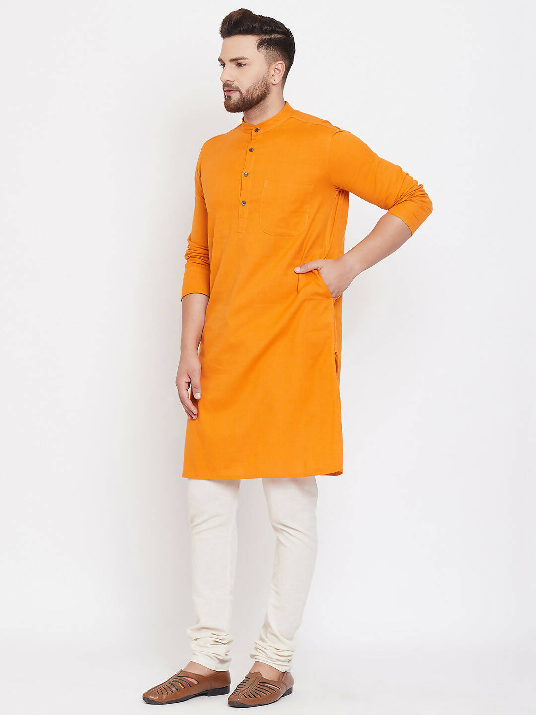 Even Apparels Pure Cotton Men's Kurta With Band Collar in Yellow Color