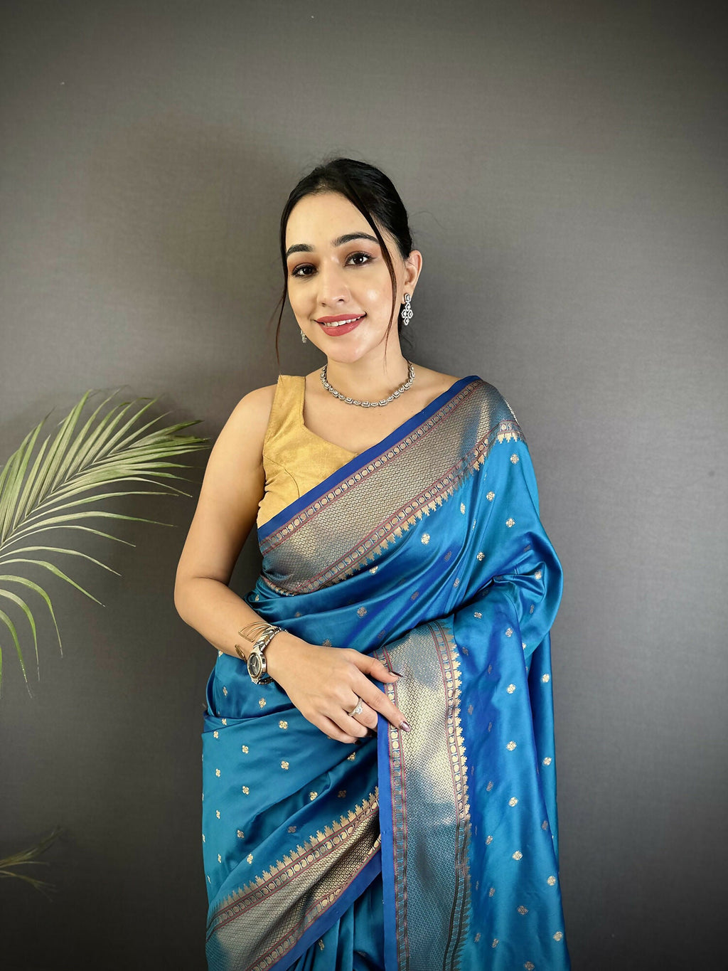 Joban Fashion Blue Butti Woven Soft Lichi Silk Paithani Saree
