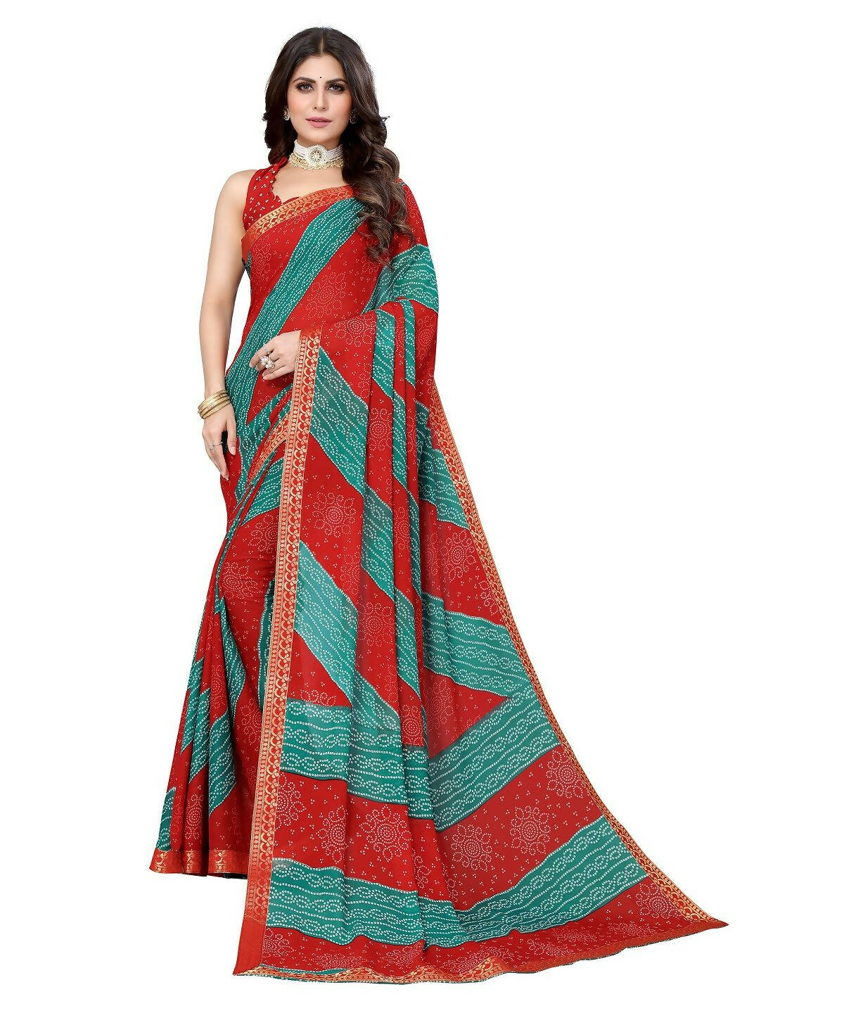 Vamika Red Georgette Printed With Lace Saree (MANYA RED RAMA)