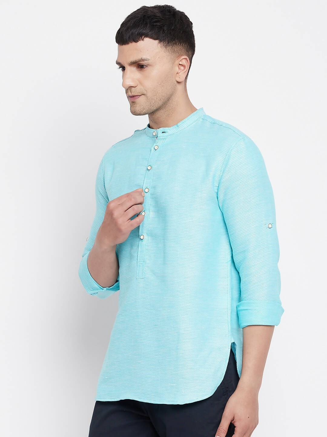 Even Apparels Pure Cotton Men's Kurta in Blue Color With Band Collar