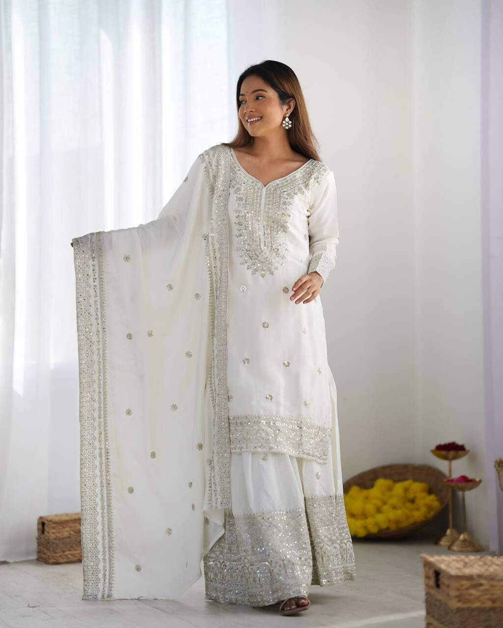 Joban Fashion White Kurta Set Silk Sequins , Zari, Coding & Thread Embroidered work