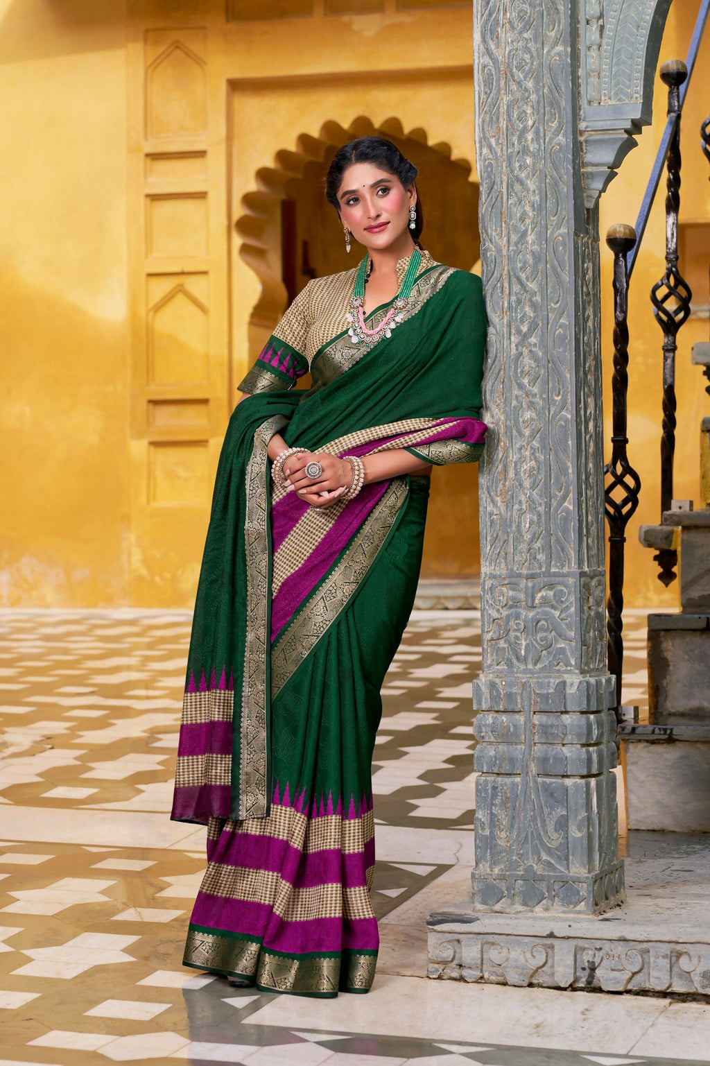 Vastranavya Green Printed with Zari Weaving Work Poly Cotton Saree & Unstitched Blouse