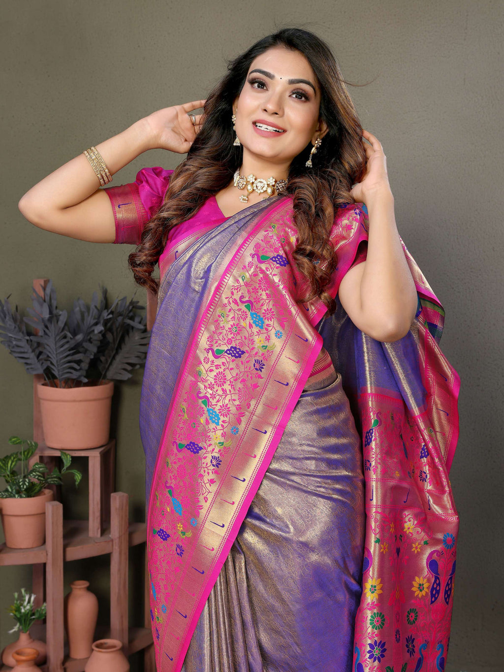 Aastha Fashion Purple Tissue Silk Paithani Woven Saree