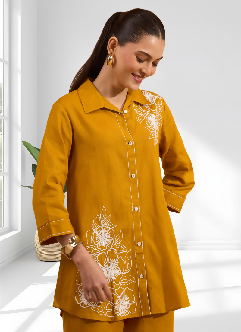 Joban Fashion Mustard Cotton, Linen Embroidered Readymade Cord Set