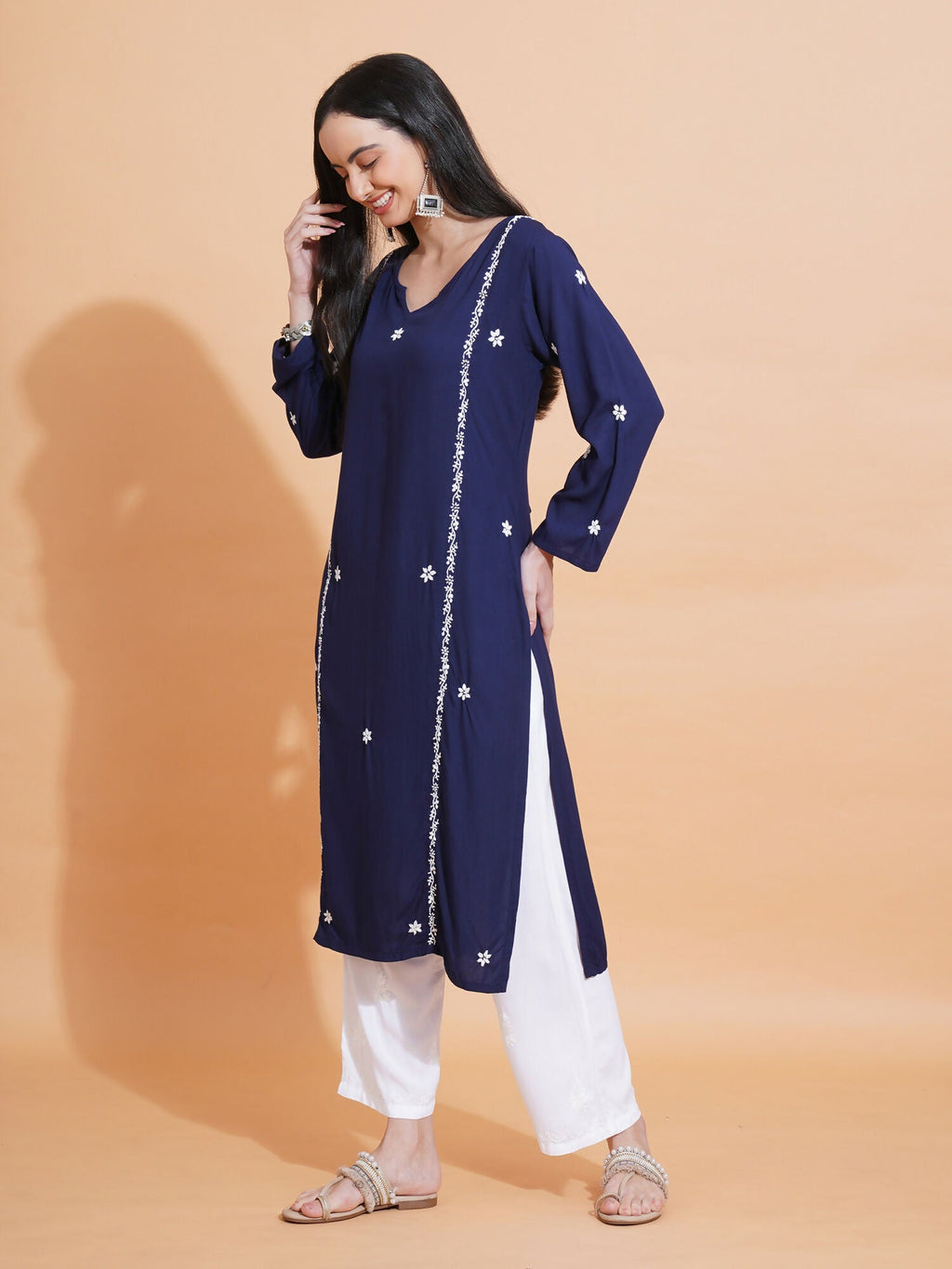 Pahnaz Luxury Rayon Chikankari Long Kurti-Blue