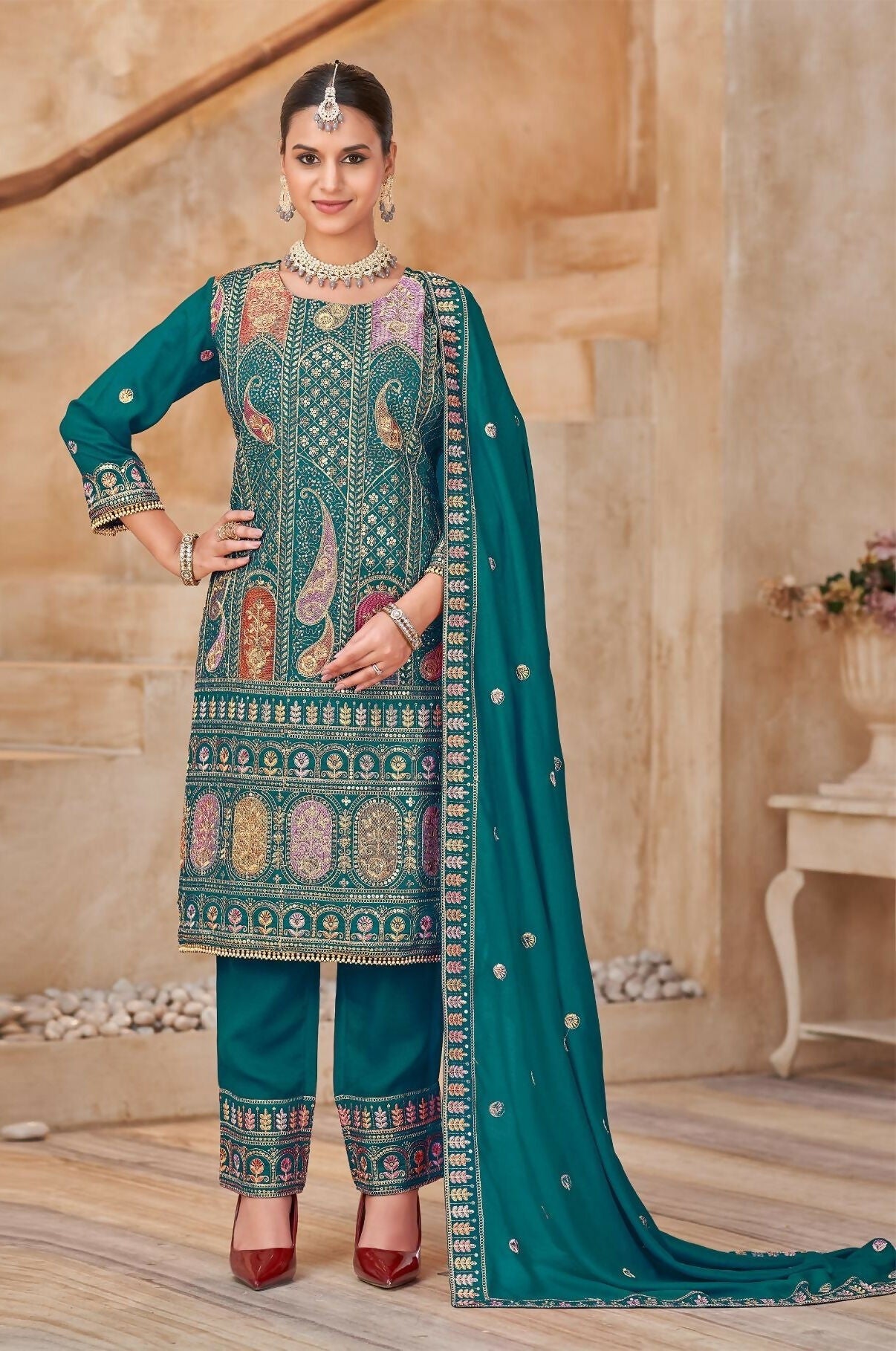 Anaita Teal Vichitra Silk Readymade Suit with Embroidery & Lace Work