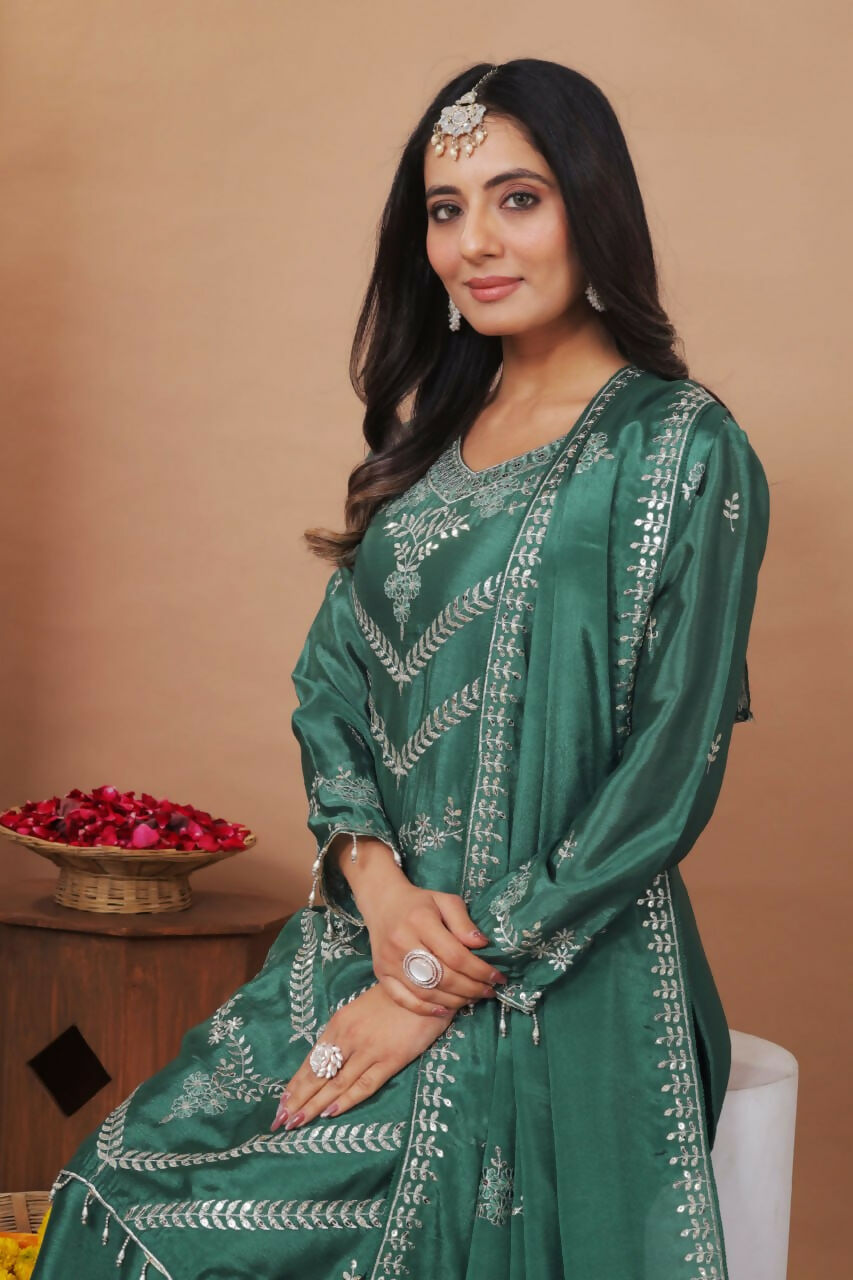 Teeya Creation Green Color Chinon Silk Wedding Wear Trending Palazzo Set