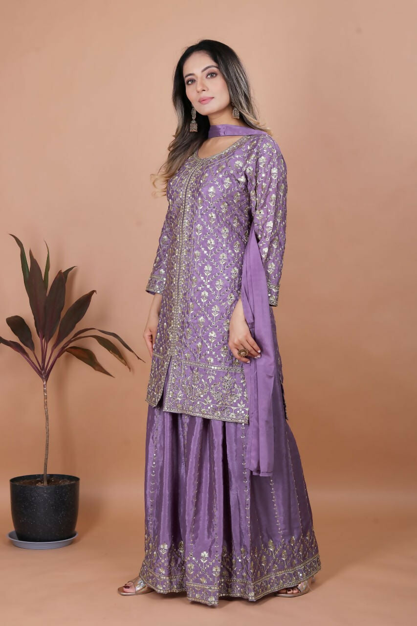 Teeya Creation Lavender Chinon Embroidery Work Party Wear Palazzo Suit