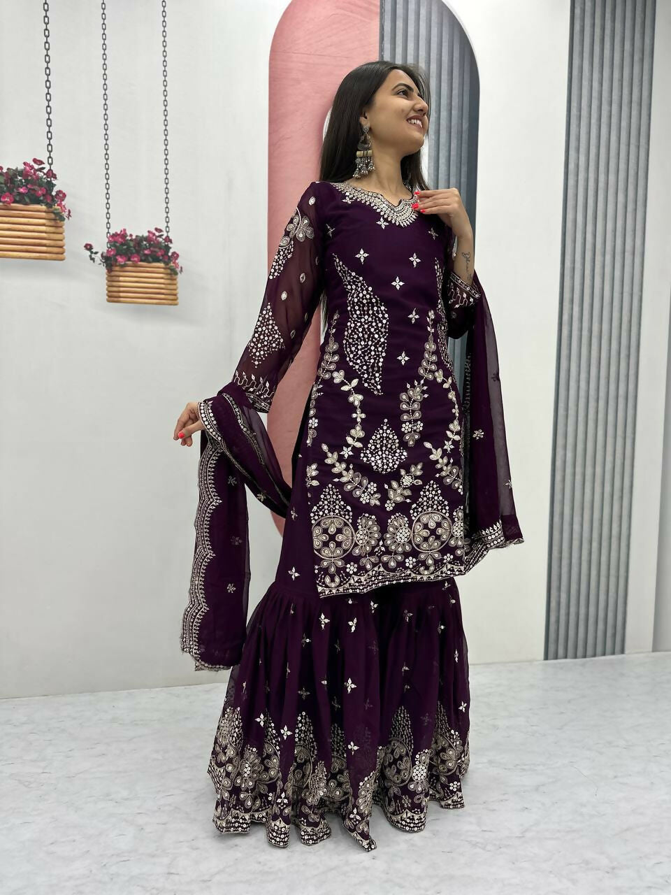 Teeya Creation Womens New Heavy Fox Georgette Fabric With Heavy Embroidery Work Wine Kurta Set