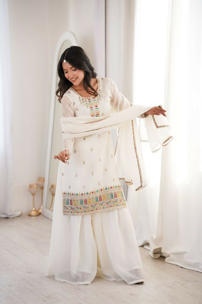 Teeya Creation White Color Soft Crunchy Silk Party Wear Designer Sharara set