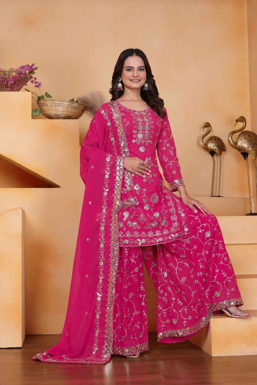 Teeya Creation Pink Color Faux Georgette Embroidery Work Wedding Wear Palazzo Set