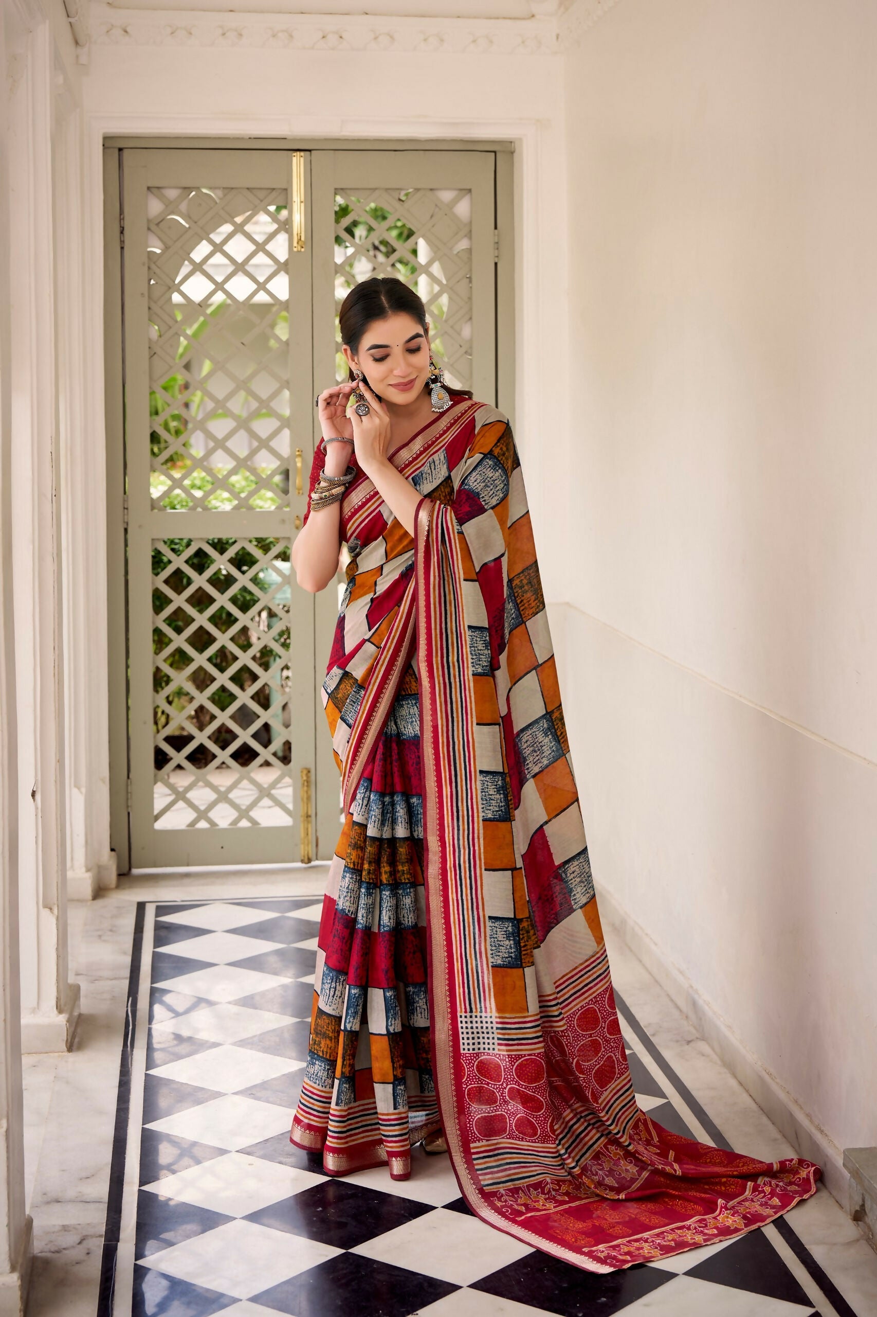 Vastranavya Maroon Viscose Chanderi Printed with Temple Border Saree & Unstitched Blouse