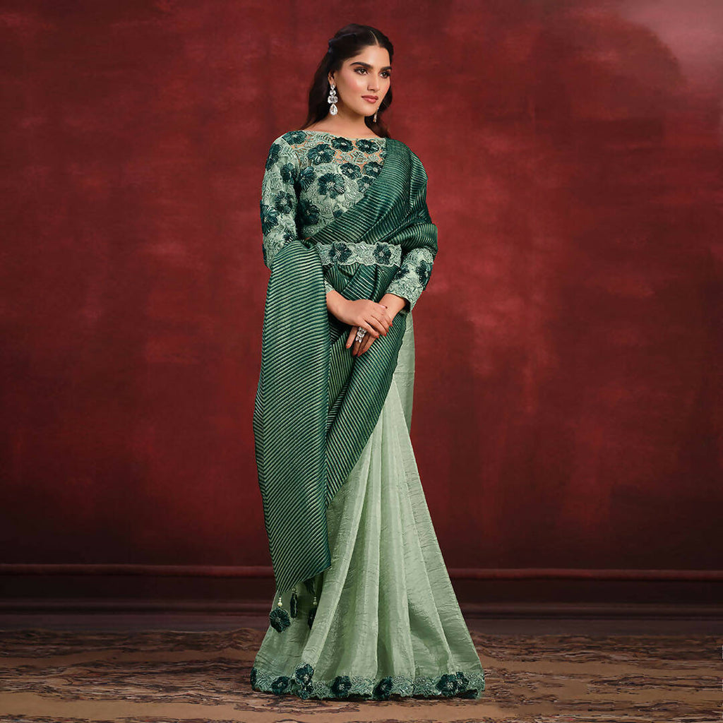 Sea Green Banarasi Crush Silk Sequence Thread & Stone Work/ Texture Pallu Saree - Mohmanthan Kimiya