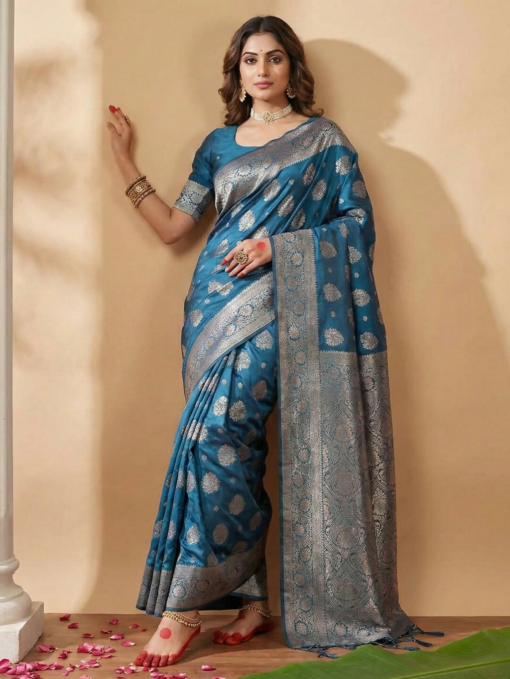 Shree Shyam Fashion Teal Blue Silk Blend Saree