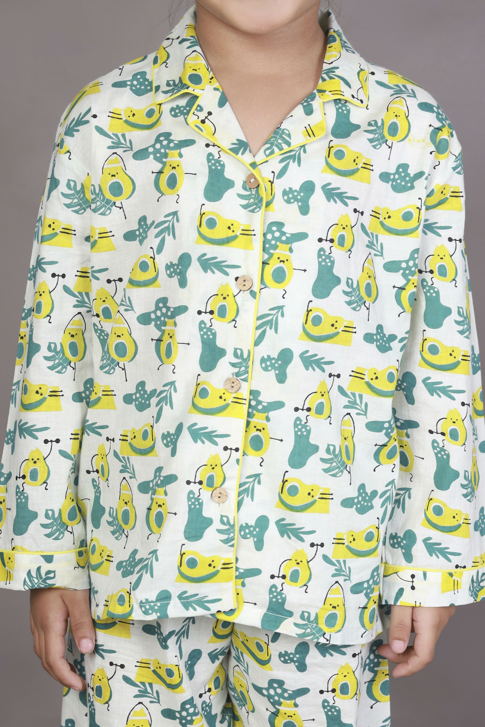 Breathables Kids Cotton Night Suit – White Avocado Print Shirt & Pyjama Co-Ord Set For Boys & Girls