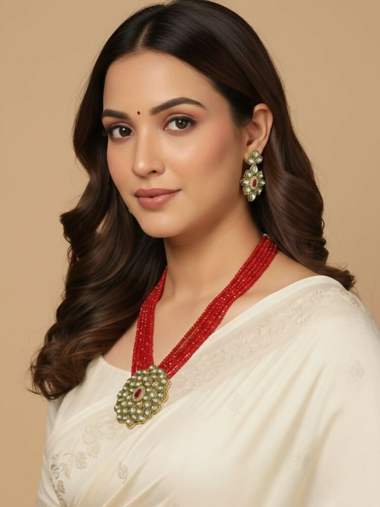 NVR Women Gold Plated Red Kundan Jewellery Set