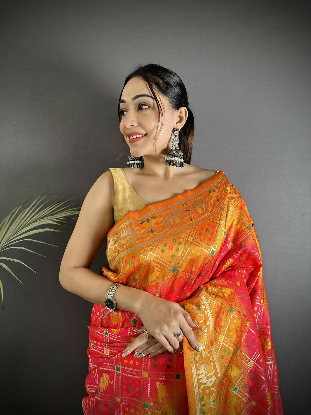 Joban Fashion Pastel Orange Geometric Pattern Soft Silk Patola Saree