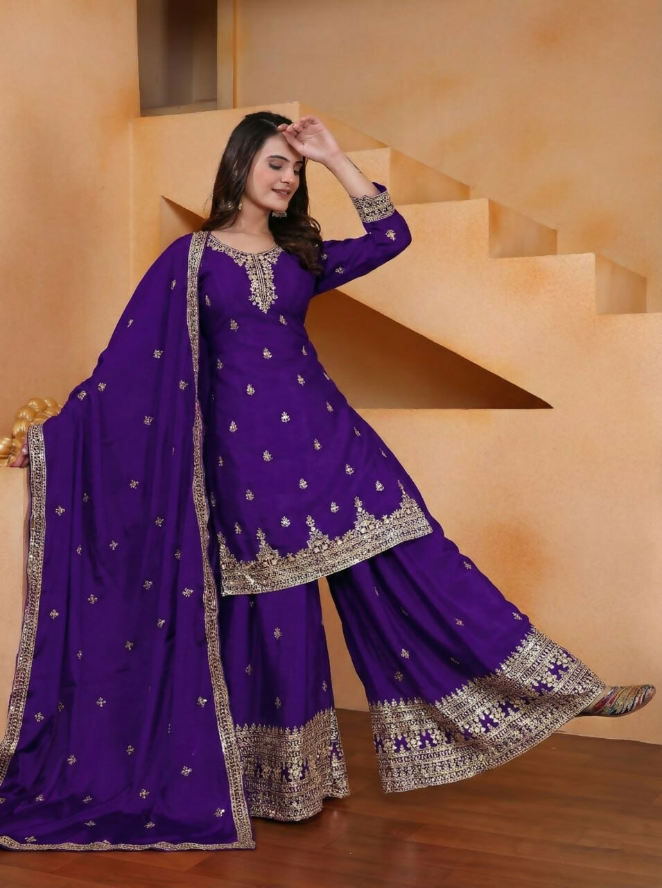 Joban Fashion Purple Silk Embroidered Sharara Set