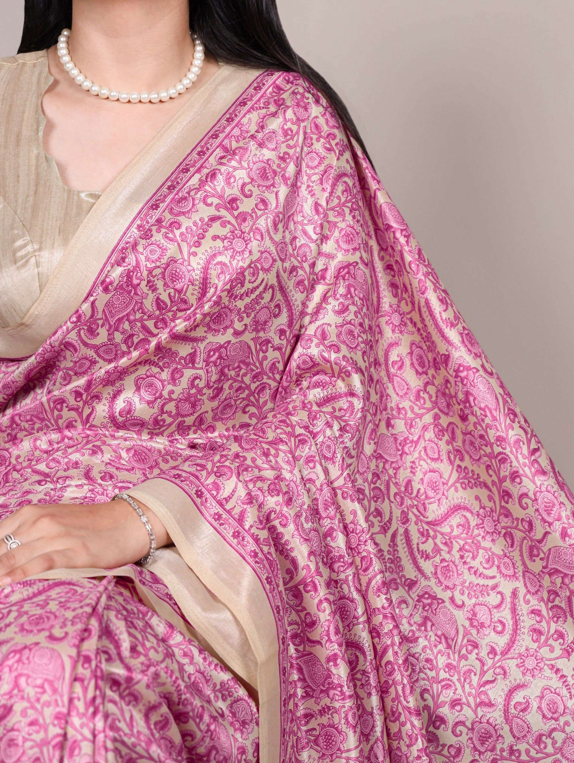 Vastranavya Pink Tussar Silk Printed Saree with Unstitched Blouse
