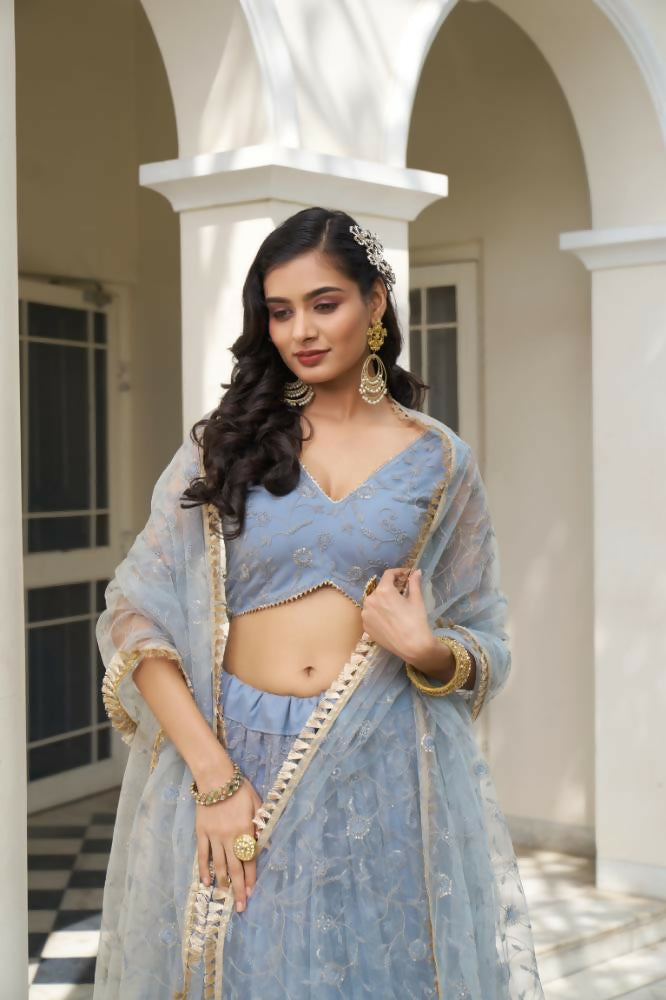 Aastha Fashion Light Blue Gray Butterfly Net Tone To Tone Cotton Thread Work And Sequence Work Embroidery Wedding Wear Lehenga Choli