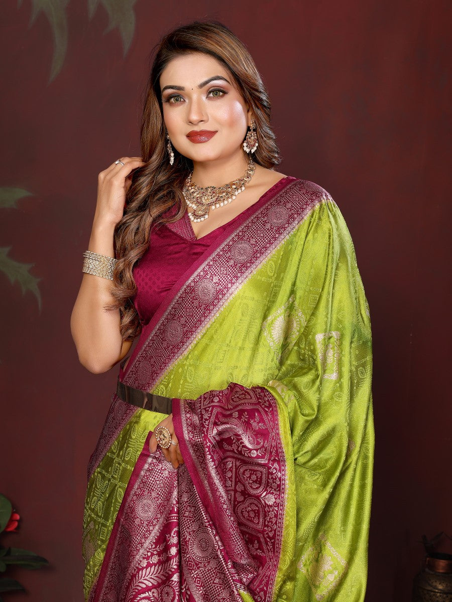 Anaita P Green Zari Butta Work Satin Silk Saree With Blouse