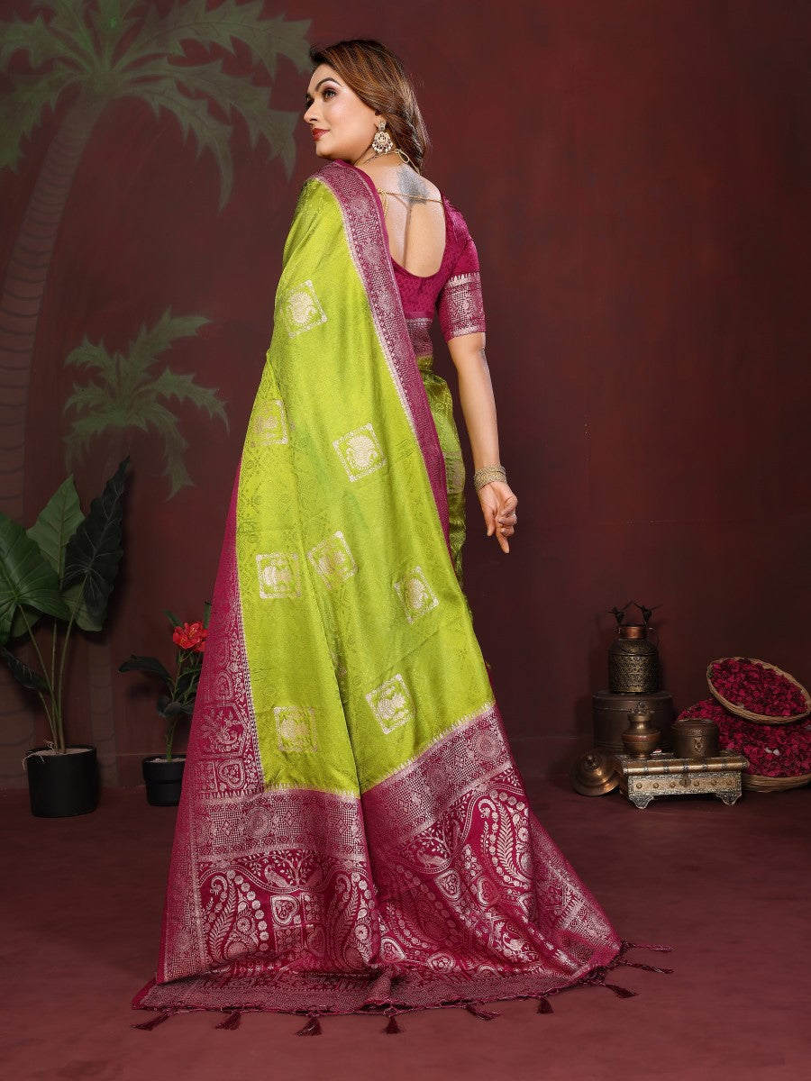 Anaita P Green Zari Butta Work Satin Silk Saree With Blouse