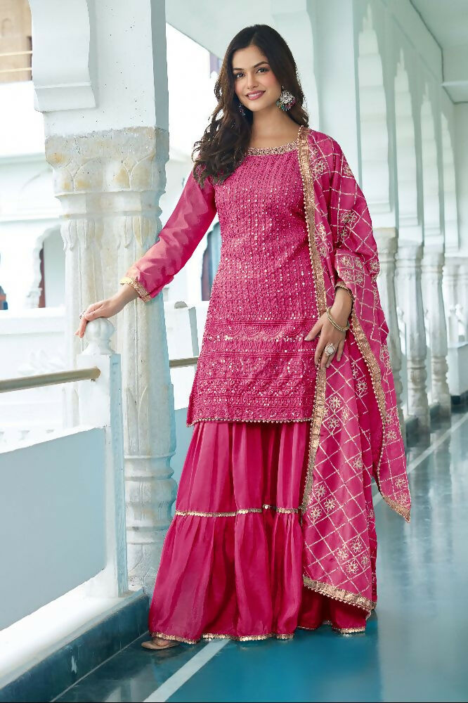 Teeya Creation Pink Colour Chinnon Silk Heavy Embroidery Work Fully Stitched Salwar Suit