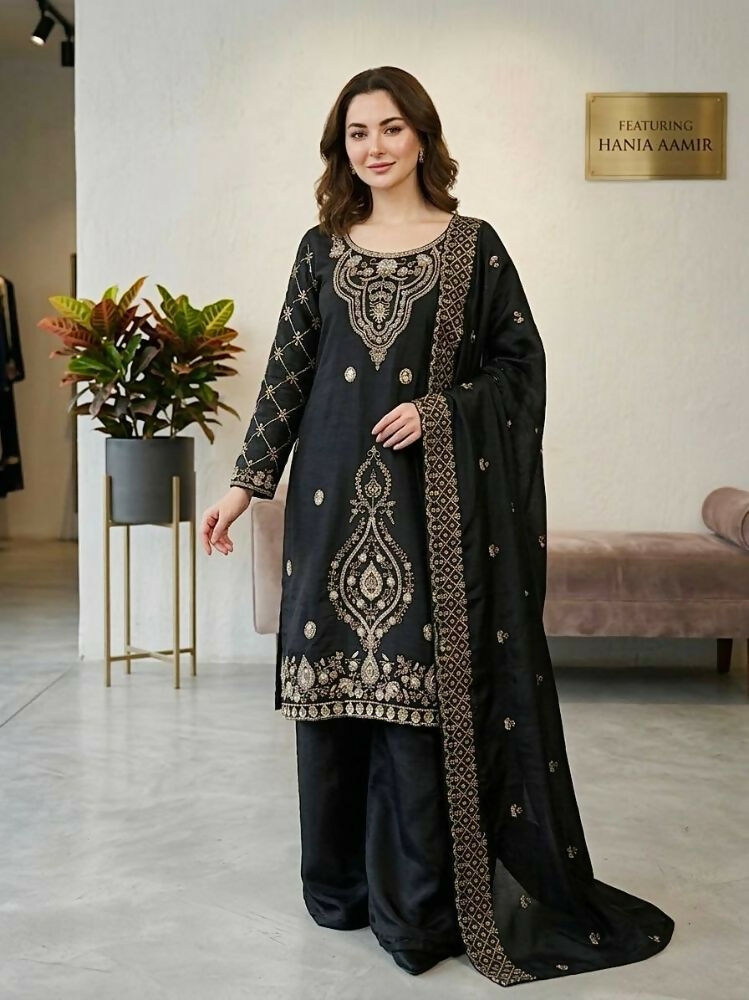 Teeya Creation Black Color Gimmychu Silk Embroidery Work Wedding Wear Salwar Suit
