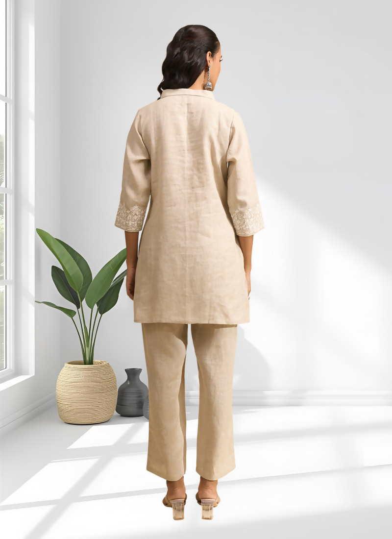 Joban Fashion Beige Linen Embroidered Readymade Cord Set