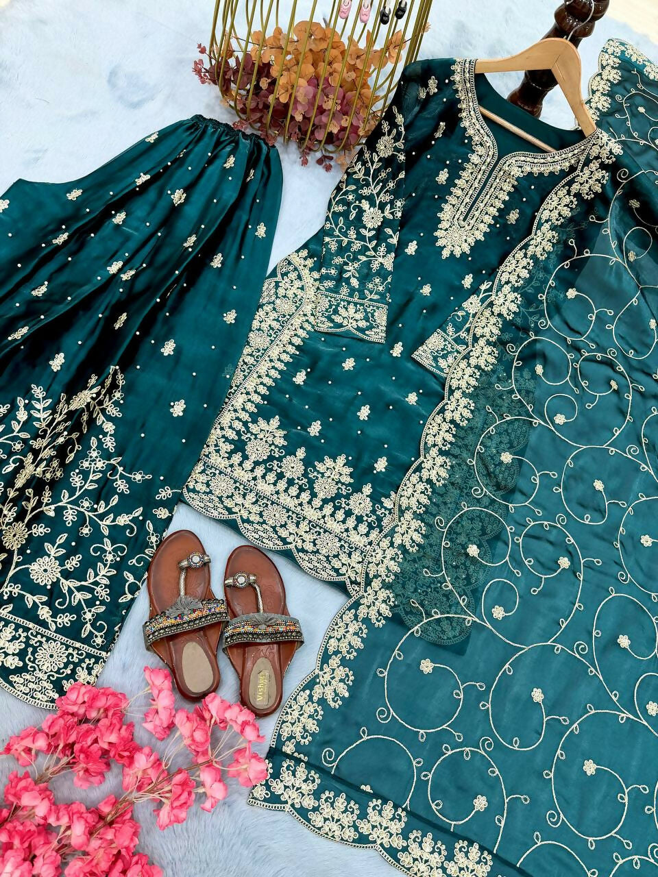 Teeya Creation Teal Pure Silk Gimmy Silk Heavy Embroidery Work Wedding Wear Palazzo Pair