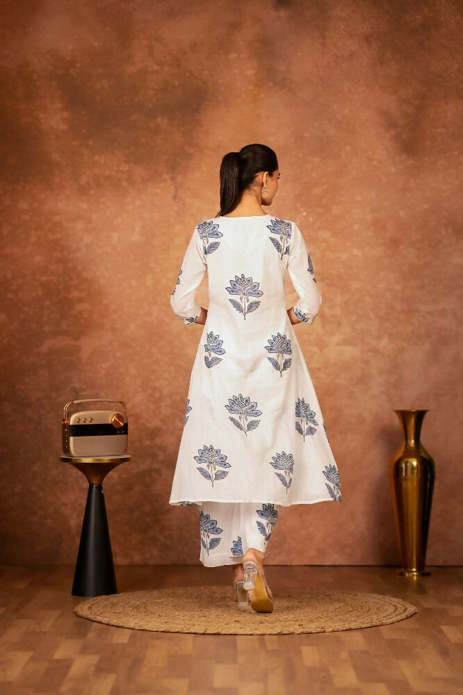 Joban Fashion Off White Blue Hand Block Printed Cotton Suit Set