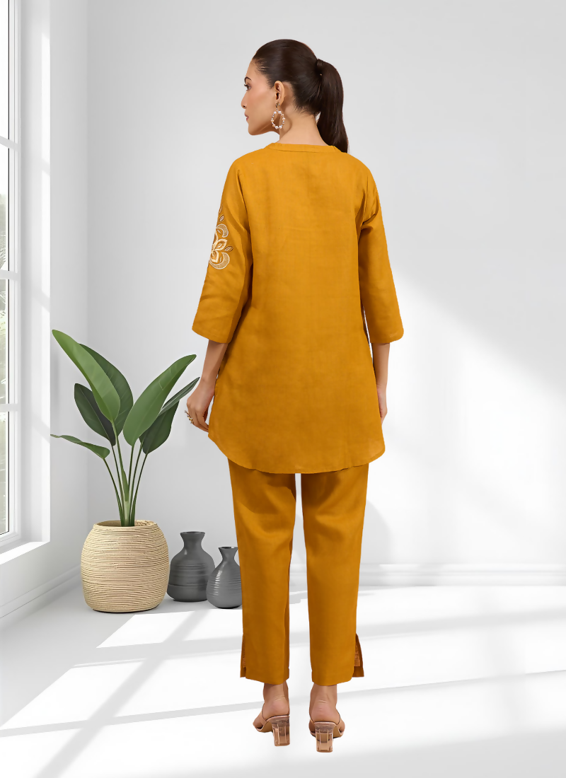 Joban Fashion Yellow Cotton, Linen Embroidered Readymade Cord Set