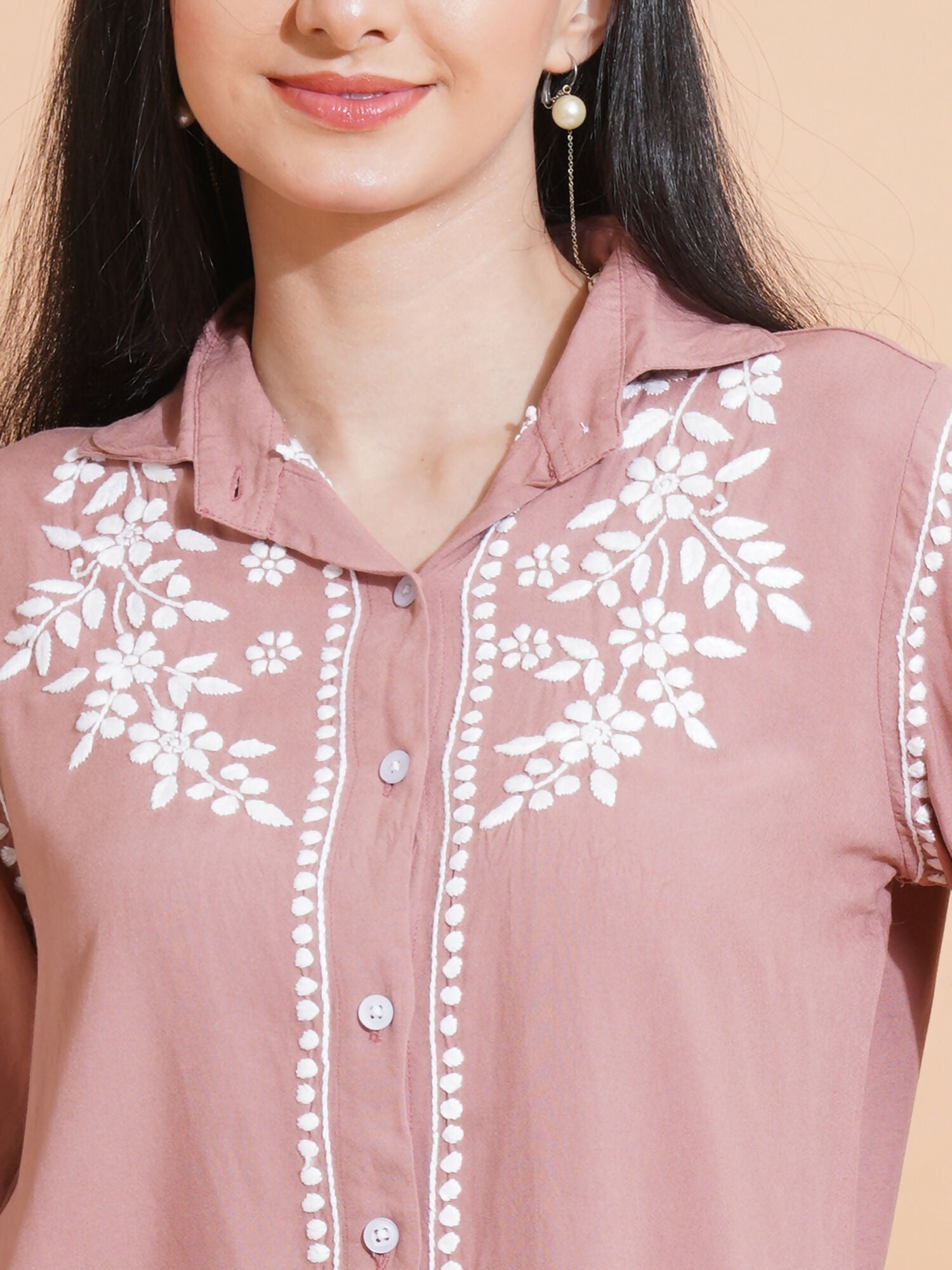 Pahnaz Modal Chikankari Handwork Shirt-Brown