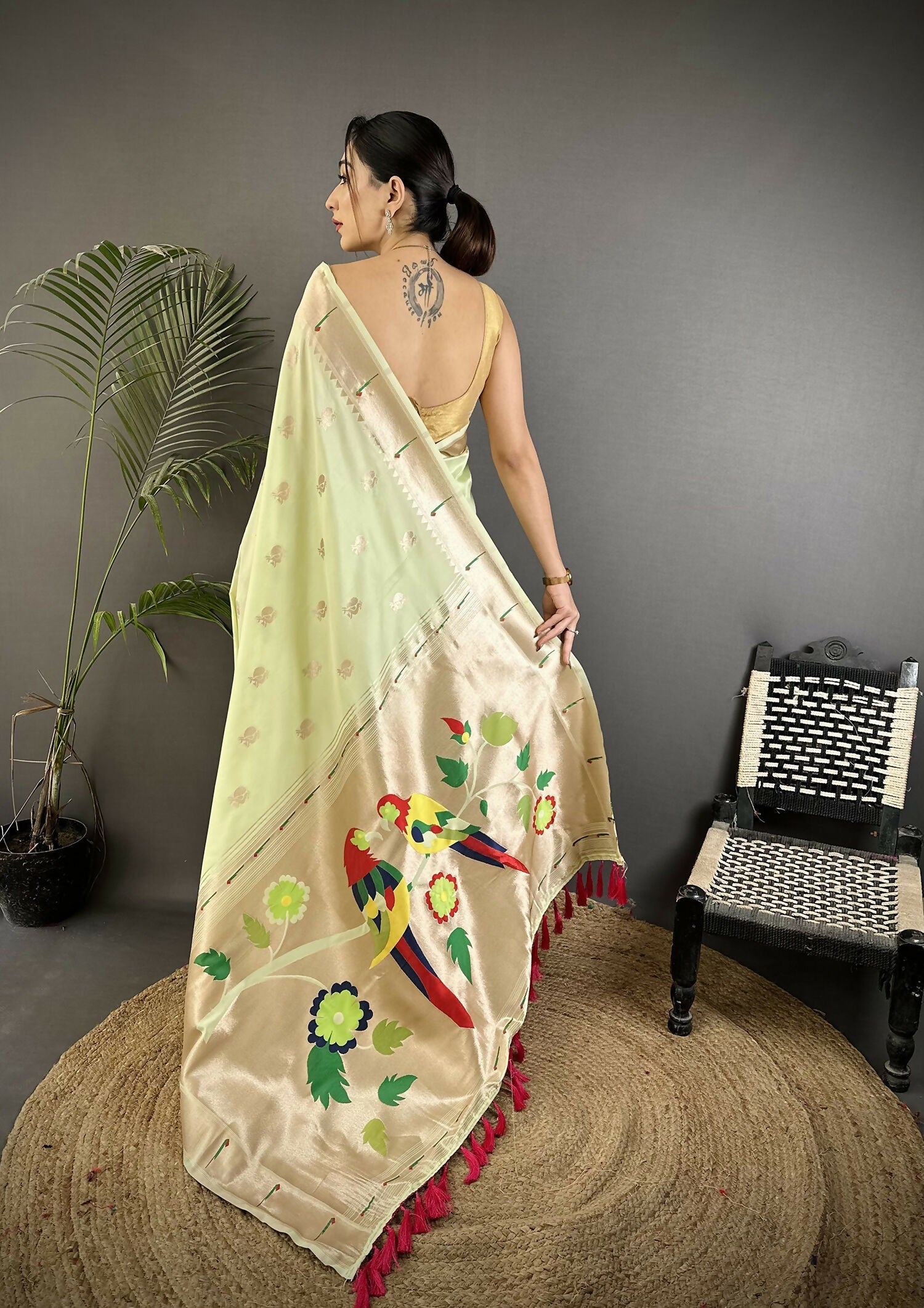 Joban Fashion Pista Green Peacock & Floral Motifs Soft Silk Kanchipuram Saree