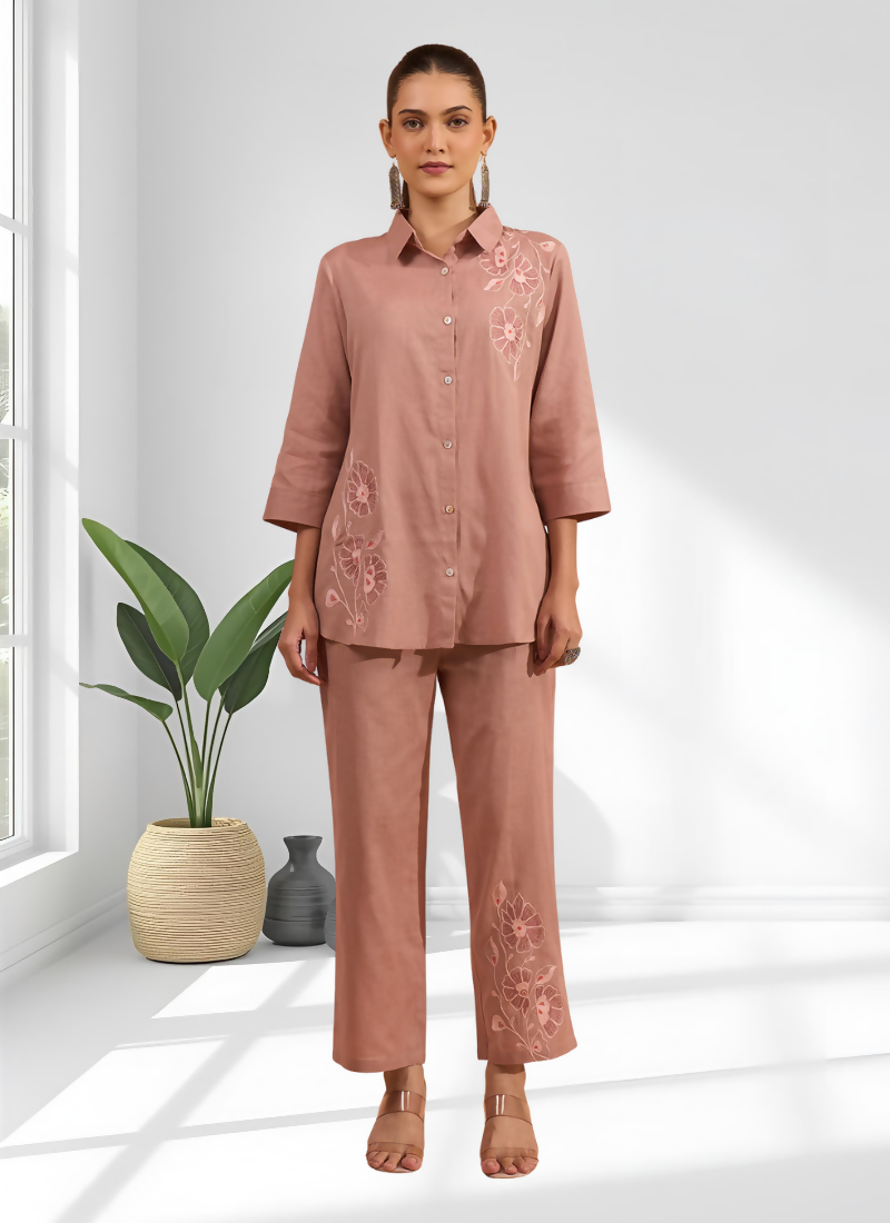 Joban Fashion Powder Pink Cotton, Linen Embroidered Readymade Cord Set