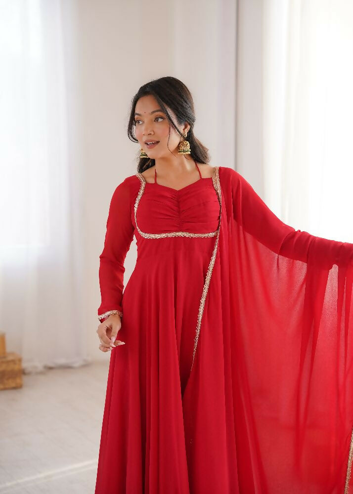 Teeya Creation Red Faux Georgette Designer Party Wear Long Gown