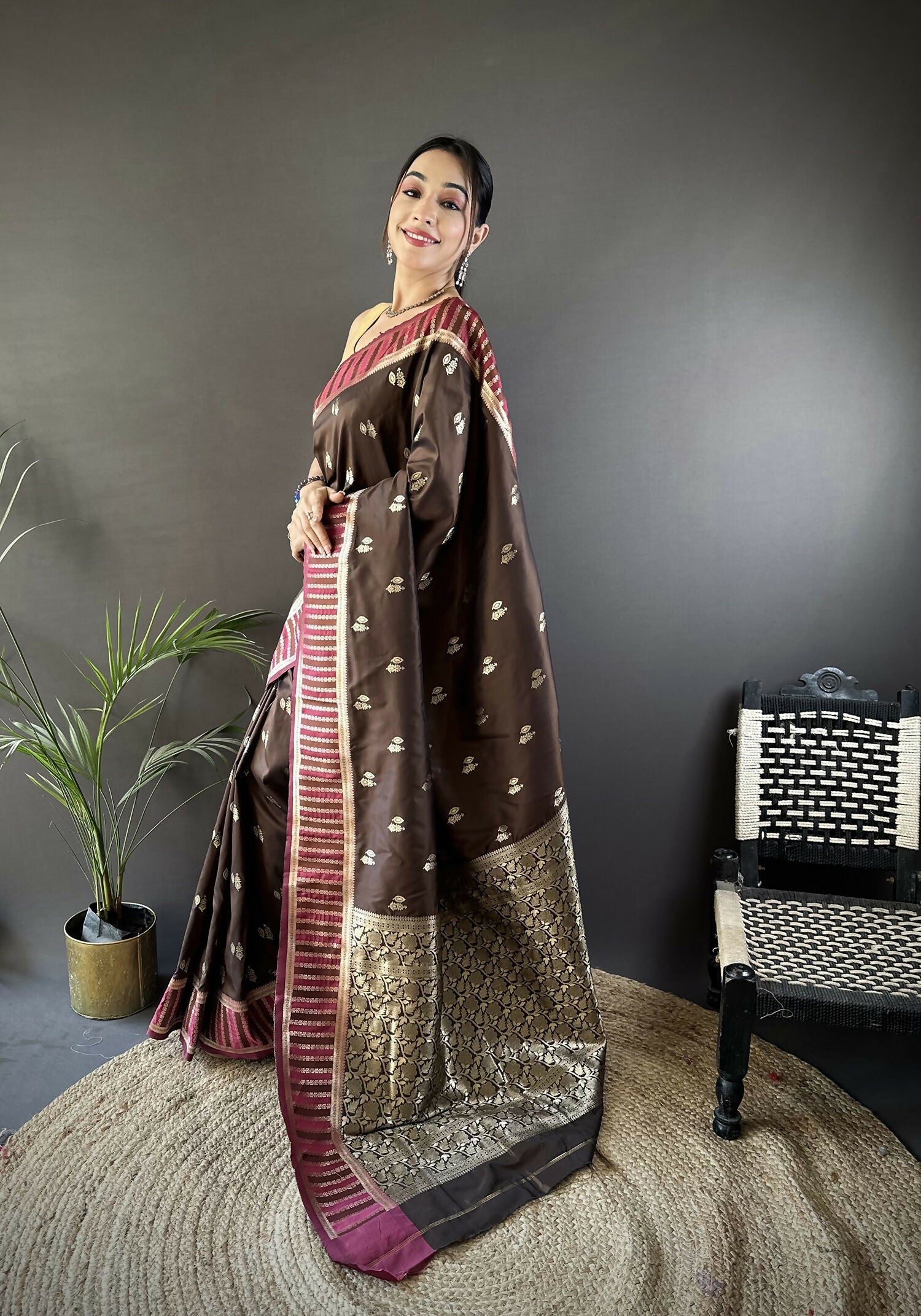Joban Fashion Brown Woven Zari Motifs Lichi Silk Banarasi Silk Saree