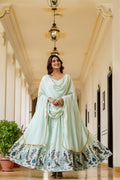 Teeya Creation Mint Green Chinnon Heavy Work Long Wedding Gown