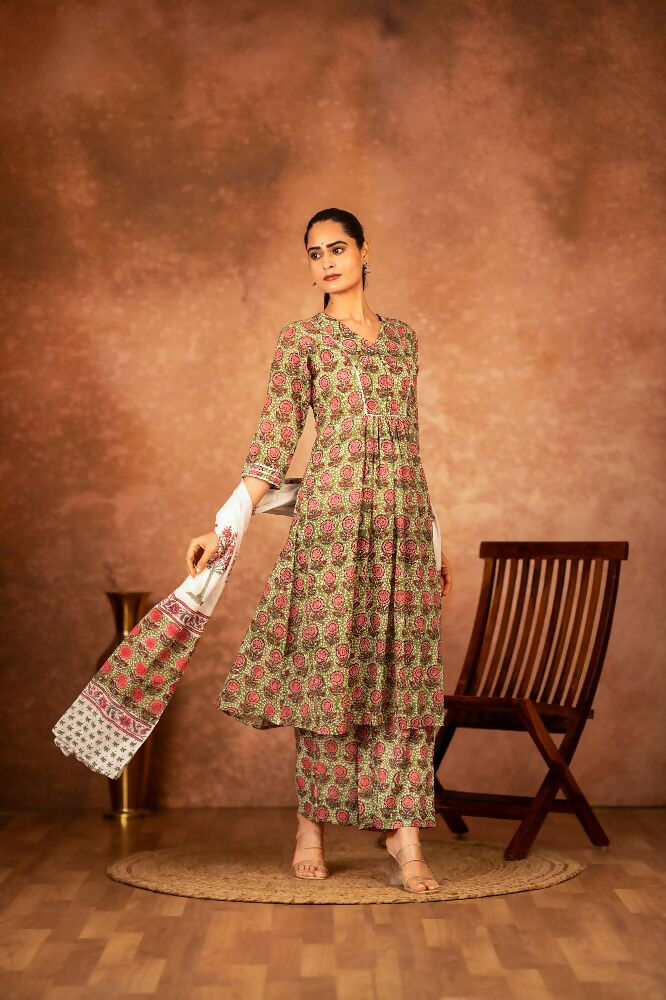 Joban Fashion Green Hand Block Printed Cotton Suit Set