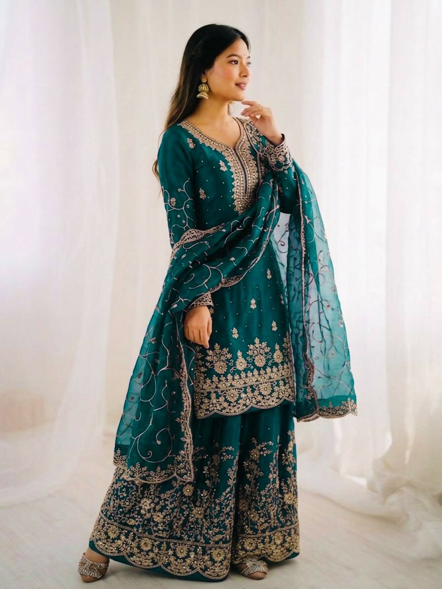 Teeya Creation Morpich Color Gymmi Silk Embroidery Work Wedding Wear Sharara Set
