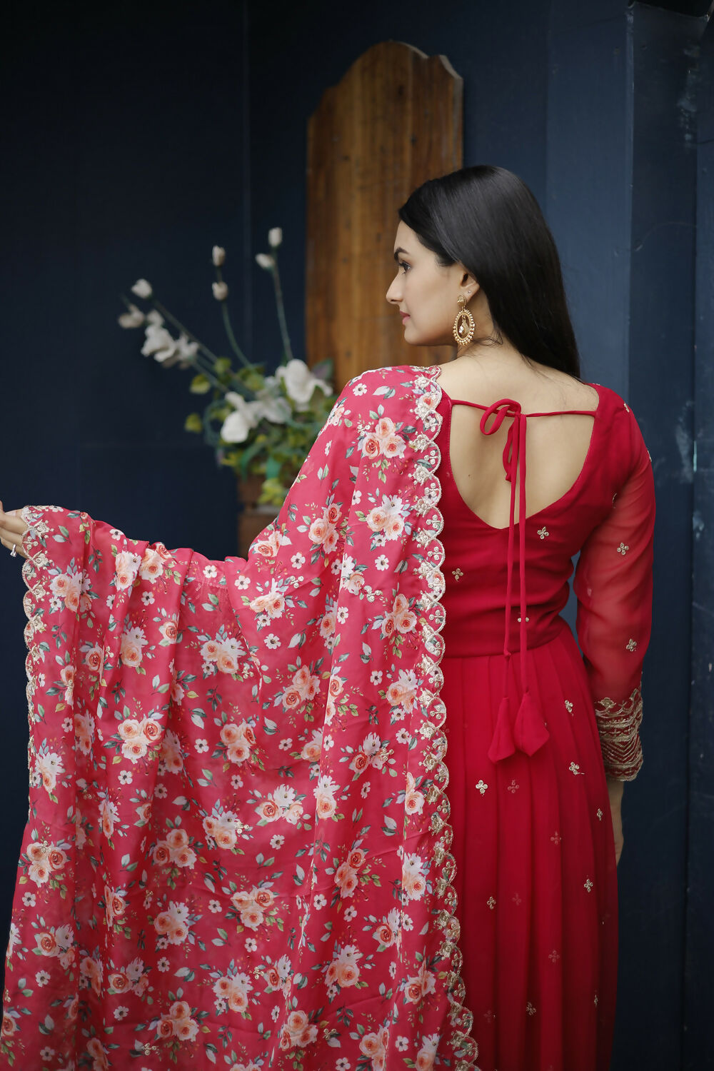 Aayaa Designer Embroidery Zari Sequins-Work Faux Blooming Georgette Suit - Red