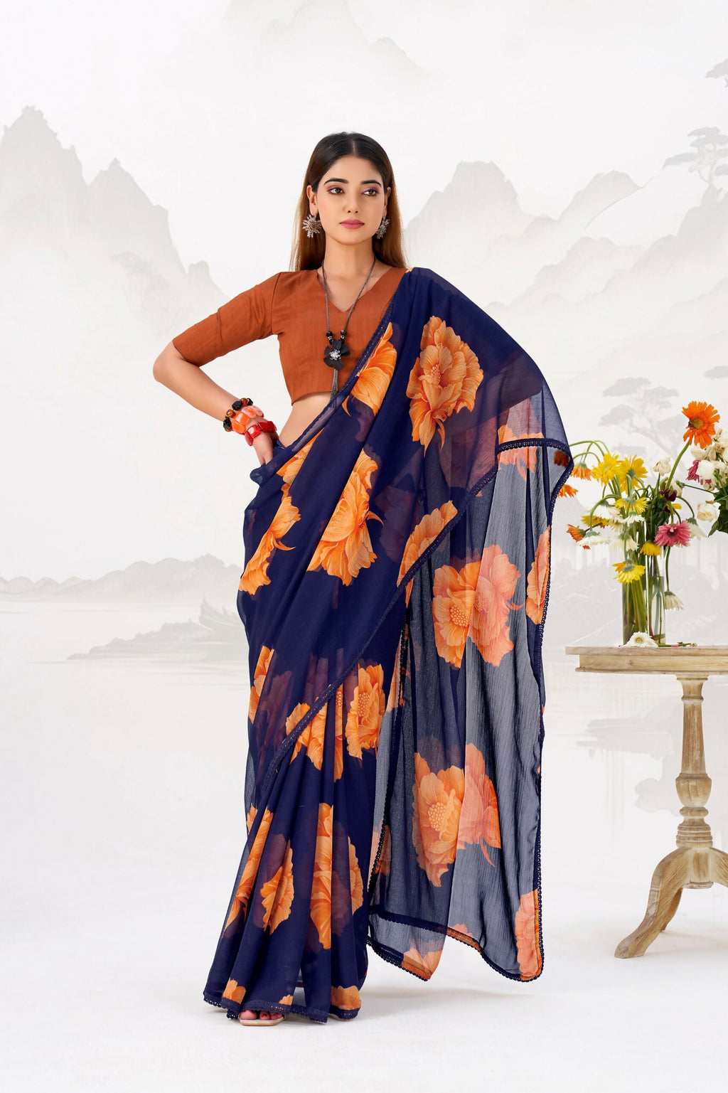 Vastranavya Navy Blue Floral Print with Lace Border work Chiffon Saree & Unstitched Blouse