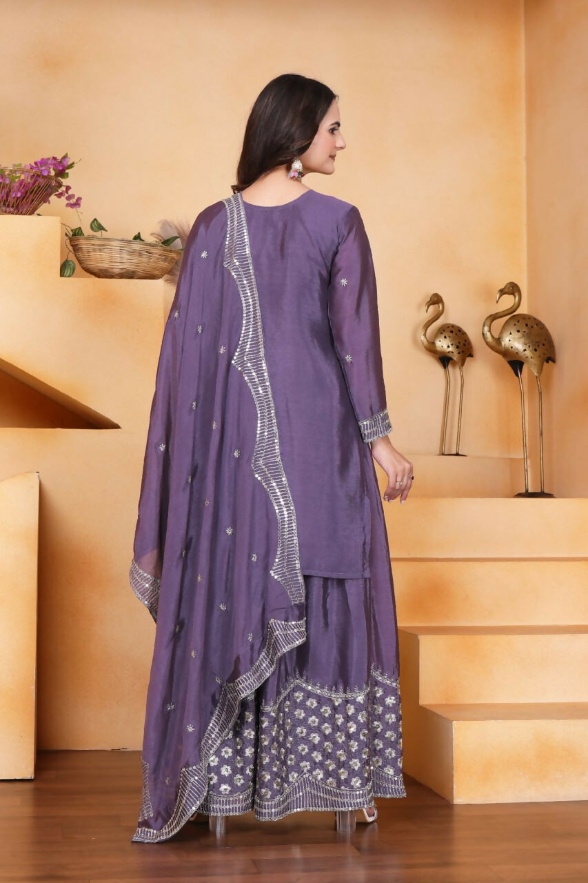 Teeya Creation Lavender Chinon Embroidery Work Party Wear Palazzo Suit