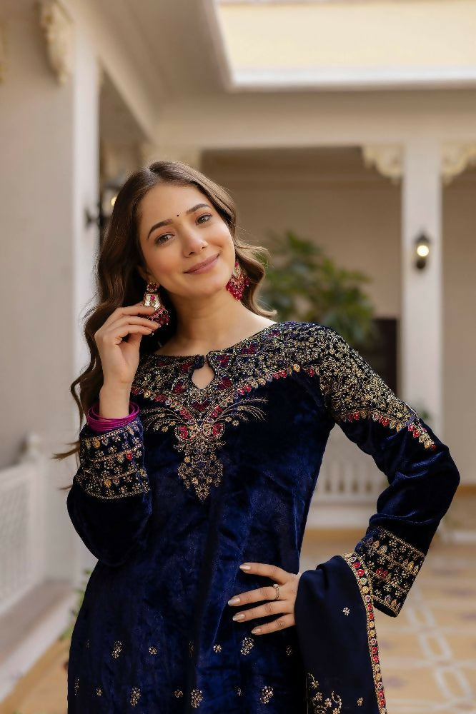 Teeya Creation Blue Color Pure Velvet Embroidery Work Wedding Wear Salwar Suit
