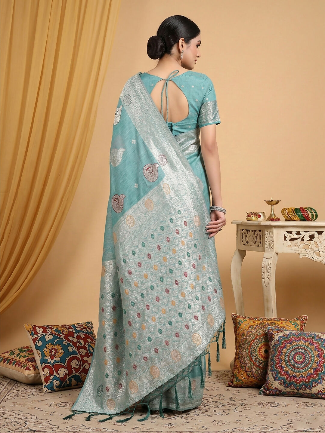 Shree Shyam Fashion Sea Green Linen Cotton Saree