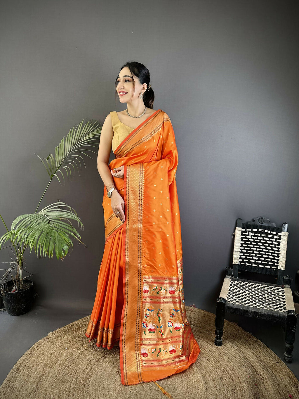 Joban Fashion Orange Butti Woven Soft Lichi Silk Paithani Saree