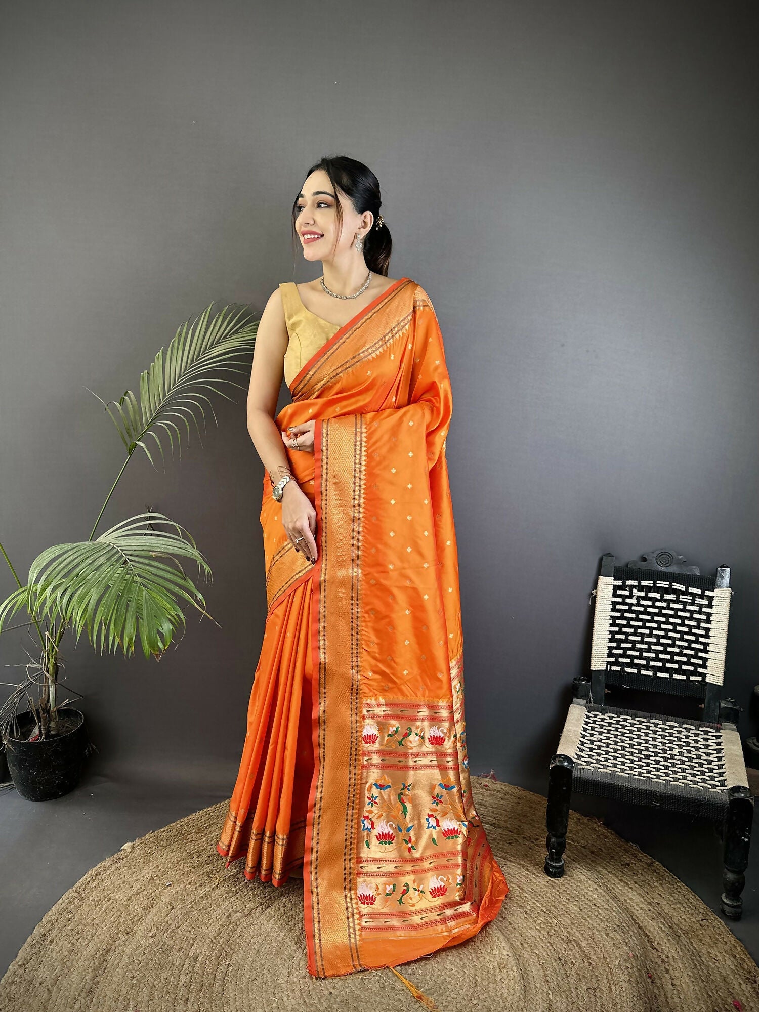 Joban Fashion Orange Butti Woven Soft Lichi Silk Paithani Saree