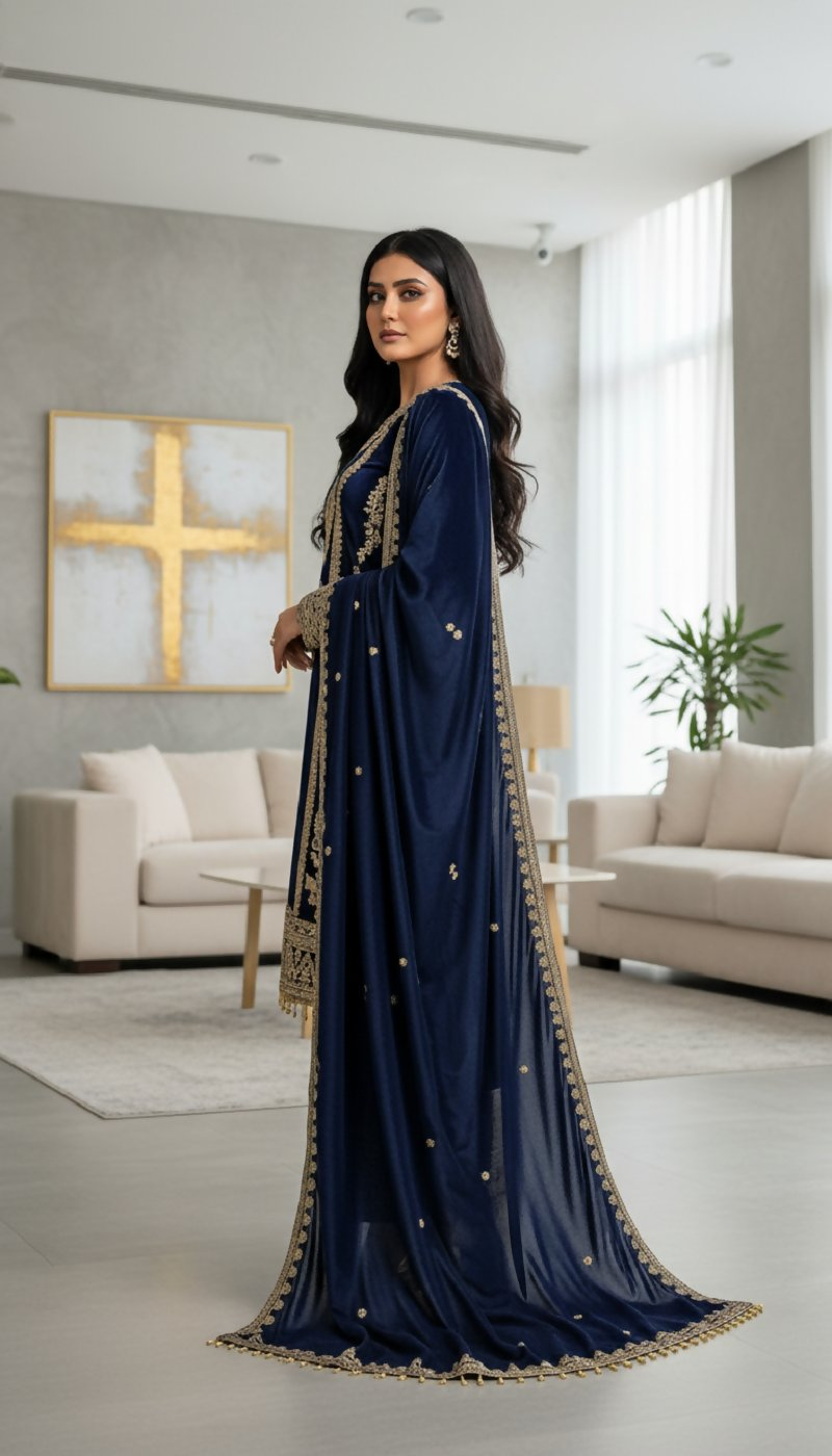 Joban Fashion Blue Kurta Set Velvet Embroidery Sequence Work