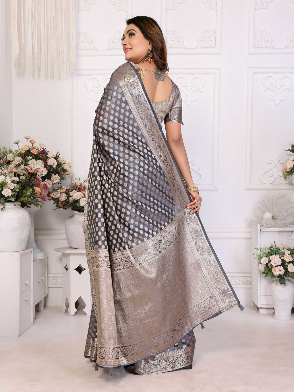 Aastha Fashion Grey Organza Silk Weaving Saree