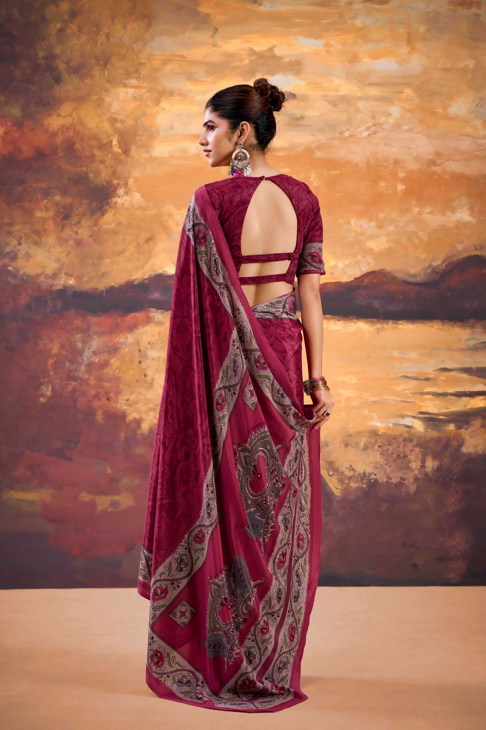 Vastranavya Pink Crepe Printed Saree with Unstitched Blouse